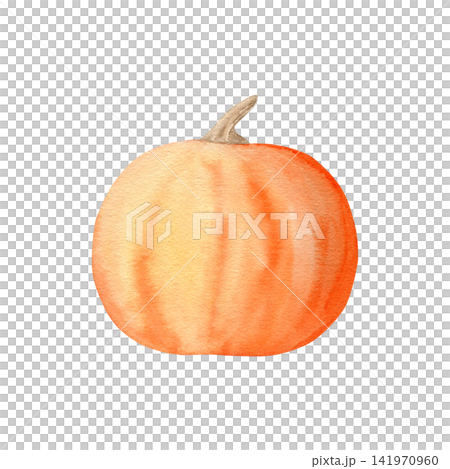 Watercolor orange pumpkin with stem, isolated clipart. Hand drawn botanical vegetable illustration for fall designs, Thanksgiving, Halloween, autumn harvest themes and kitchen decor on white. Watercolor orange pumpkin with stem, isolated clipart. Hand drawn botanical vegetable illustration for fall designs, Thanksgiving, Halloween, autumn harvest themes and kitchen decor on white. 141970960