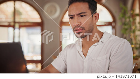 Owner, laptop and man with worry in cafe for bad review, stock mistake or inventory error. Small business manager, tech and concern in restaurant for customer complaint, app feedback or poor rating 141971071