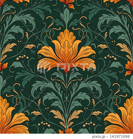 Art Nouveau Seamless Pattern With Vintage Iris Flowers And Antique Ornamental Leaves Art Nouveau Seamless Pattern With Vintage Iris Flowers And Antique Ornamental Leaves 141971098