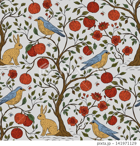 Whimsical Bohemian Boho Garden Seamless Pattern With Rabbit Bird Apple Fruit Tree Blooming Flower 141971129