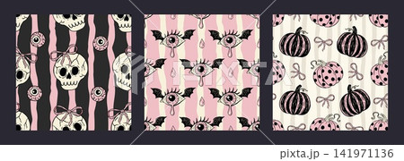 Pink Halloween Seamless Pattern Set Cute Horror Gothic Skull Pumpkin Eyeball Vector Background Pink Halloween Seamless Pattern Set Cute Horror Gothic Skull Pumpkin Eyeball Vector Background 141971136