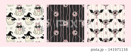 Pink Halloween Seamless Pattern Set Cute Ghost CreepyEyeball Coquette Vector Background Pink Halloween Seamless Pattern Set Cute Ghost CreepyEyeball Coquette Vector Background 141971138