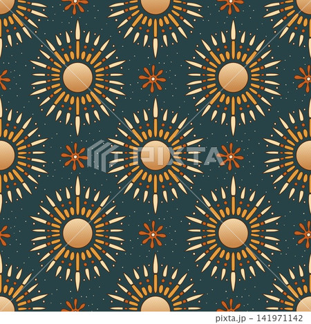 Vintage Boho Sun Seamless Pattern Ornamental Rays And Decorative Celestial Motif Background 141971142