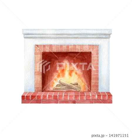 Fireplace with burning logs watercolor isolated illustration. Hand drawn cozy brick and white mantelpiece clipart for winter, Christmas, Thanksgiving and home decor designs. Home interior drawing. 141971151
