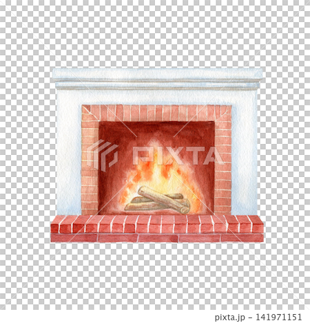 Fireplace with burning logs watercolor isolated illustration. Hand drawn cozy brick and white mantelpiece clipart for winter, Christmas, Thanksgiving and home decor designs. Home interior drawing. 141971151