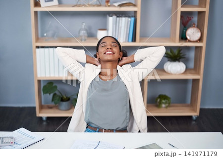 Business, stretching and black woman at desk with smile, satisfaction and achievement for financial project. Relax, success and happy consultant in office with deal, growth or development at agency Business, stretching and black woman at desk with smile, satisfaction and achievement for financial project. Relax, success and happy consultant in office with deal, growth or development at agency 141971179