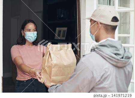 Woman, face mask and happy for shipping product delivery, cargo and for safety. Customer, logistics and package transport for covid 19, courier and stock with distribution for healthy service Woman, face mask and happy for shipping product delivery, cargo and for safety. Customer, logistics and package transport for covid 19, courier and stock with distribution for healthy service 141971219