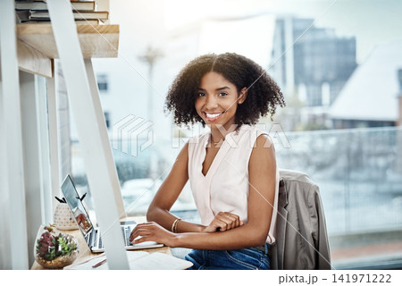 Woman, laptop and portrait or smile in office, search and company website with technology. Communication, web designer and internet project for work, online business for information or networking Woman, laptop and portrait or smile in office, search and company website with technology. Communication, web designer and internet project for work, online business for information or networking 141971222