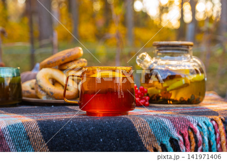 Autumn Picnic Table With Tea, Orange Slices and Red viburnum berries, traditional bagels and colorful forest backdrop create inviting seasonal setting Autumn Picnic Table With Tea, Orange Slices and Red viburnum berries, traditional bagels and colorful forest backdrop create inviting seasonal setting 141971406