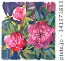 Expressive gouache painting of pink peonies with lush green foliage Expressive gouache painting of pink peonies with lush green foliage 141971853