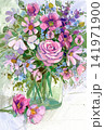 Delicate watercolor painting of a romantic pink floral bouquet in a glass vase Delicate watercolor painting of a romantic pink floral bouquet in a glass vase 141971900