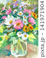 Vibrant watercolor painting of a fresh wildflower bouquet in a clear glass jar Vibrant watercolor painting of a fresh wildflower bouquet in a clear glass jar 141971904