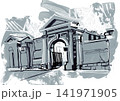 Expressive monochrome ink illustration of a historic architectural gate with arches Expressive monochrome ink illustration of a historic architectural gate with arches 141971905