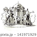 Hand-drawn watercolor and ink illustration of a historic European building Hand-drawn watercolor and ink illustration of a historic European building 141971929