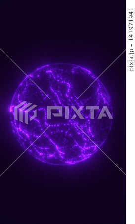 Glowing purple energy sphere formed by flowing particles and luminous lines on a dark futuristic background. Glowing purple energy sphere formed by flowing particles and luminous lines on a dark futuristic background. 141971941