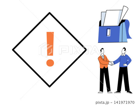 Warning sign with exclamation mark, document folder, and business handshake vector illustration. Corporate compliance, legal agreement, office protocol, risk management, partnership, professional Warning sign with exclamation mark, document folder, and business handshake vector illustration. Corporate compliance, legal agreement, office protocol, risk management, partnership, professional 141971970