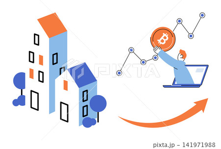 Buildings and a person interacting with a bitcoin chart on a laptop screen vector illustration. Cryptocurrency, property market, financial growth, digital assets, investment, real estate Buildings and a person interacting with a bitcoin chart on a laptop screen vector illustration. Cryptocurrency, property market, financial growth, digital assets, investment, real estate 141971988