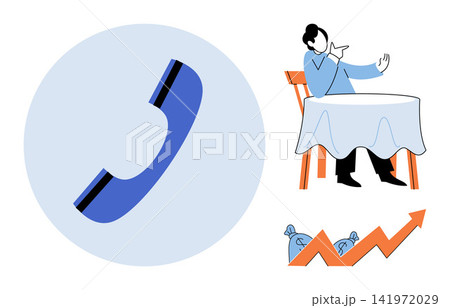 Telephone icon with a person sitting at a table and a rising profit chart vector illustration. Customer service, financial investment, business growth, remote communication, sales, success. Phone 141972029