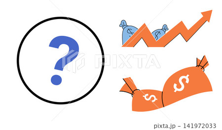 Question mark symbol with rising financial charts and money bags vector illustration. Investment strategy, economic growth, market analysis, profit uncertainty, business risk, capital gain. Uncertain Question mark symbol with rising financial charts and money bags vector illustration. Investment strategy, economic growth, market analysis, profit uncertainty, business risk, capital gain. Uncertain 141972033