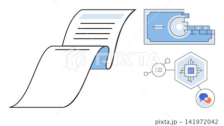 A paper document alongside digital icons of currency and artificial intelligence vector illustration. Financial planning, data analysis, automation, fintech, machine learning, digital strategy 141972042