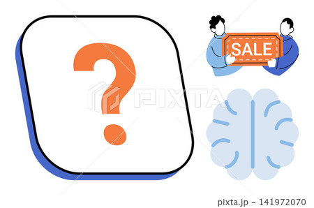 Question mark icon sale tag and human brain vector illustration. Marketing, shopping, intelligence, psychology, education, business. Query symbol discount label and mind organ 141972070