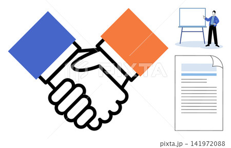 Handshake with document and presentation vector illustration. Partnership, collaboration, business agreement, corporate strategy, professional meeting, project planning. Deal icon with paper 141972088