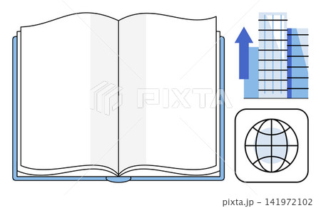 Open book with a rising building graph and a world globe icon vector illustration. Education, business growth, global economy, knowledge, development, international trade. Reading material Open book with a rising building graph and a world globe icon vector illustration. Education, business growth, global economy, knowledge, development, international trade. Reading material 141972102