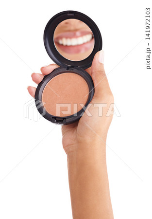 Studio, mirror and girl with reflection of lips with cosmetics, blush palette and makeup by mockup. Female model, beauty or pride for self care by white background, smile and smooth or shine results Studio, mirror and girl with reflection of lips with cosmetics, blush palette and makeup by mockup. Female model, beauty or pride for self care by white background, smile and smooth or shine results 141972103