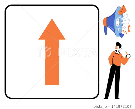 Man standing near a megaphone and upward arrow vector illustration. Advertising, promotion, business growth, digital marketing, communication, strategy. Person beside a loudspeaker and rising sign Man standing near a megaphone and upward arrow vector illustration. Advertising, promotion, business growth, digital marketing, communication, strategy. Person beside a loudspeaker and rising sign 141972107