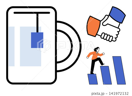 Tea cup, handshake, and person climbing growth chart vector illustration. Productivity, teamwork, career development, office break, professional collaboration, corporate goals. Coffee mug, greeting 141972132