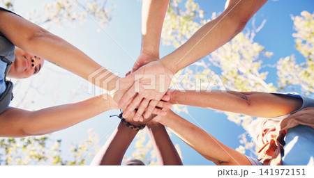 Nature, circle and people with stack of hands for support, solidarity and trust in non profit organization. Bonding, low angle and group of volunteers with collaboration for connection in ngo at park Nature, circle and people with stack of hands for support, solidarity and trust in non profit organization. Bonding, low angle and group of volunteers with collaboration for connection in ngo at park 141972151