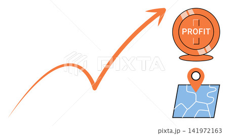 Rising arrow chart with profit coin and map location pin vector illustration. Financial success, investment strategy, market expansion, business growth, global trade, economic development. Increasing 141972163
