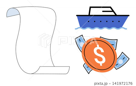 Blank paper scroll, cargo ship, and currency symbols vector illustration. Global logistics, import export, maritime trade, financial investment, shipping costs, business commerce. Document, vessel Blank paper scroll, cargo ship, and currency symbols vector illustration. Global logistics, import export, maritime trade, financial investment, shipping costs, business commerce. Document, vessel 141972176