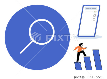 Magnifying glass icon with a person climbing a bar chart and a digital checklist vector illustration. Strategy, development, progress, research, analytics, success. Search tool and career ladder Magnifying glass icon with a person climbing a bar chart and a digital checklist vector illustration. Strategy, development, progress, research, analytics, success. Search tool and career ladder 141972238