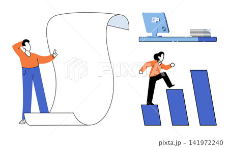 People planning strategy and climbing growth charts vector illustration. Business development, career advancement, goal setting, professional success, corporate growth, productivity. Employees 141972240
