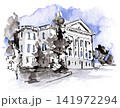 Hand-drawn watercolor illustration of a historic European building Hand-drawn watercolor illustration of a historic European building 141972294
