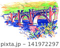 Colorful hand-drawn illustration of a historic arched bridge over a river Colorful hand-drawn illustration of a historic arched bridge over a river 141972297