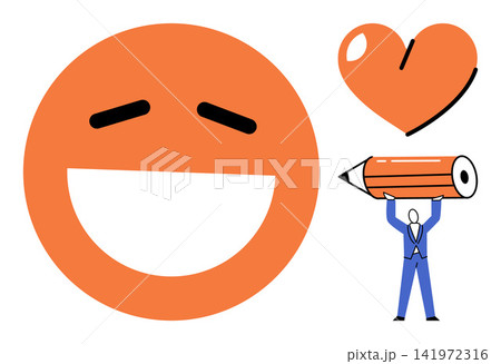 A happy emotion face with a heart and a person holding a pencil vector illustration. Creativity, communication, feedback, positive emotions, design, artistic expression. Smiling emoticon with love 141972316