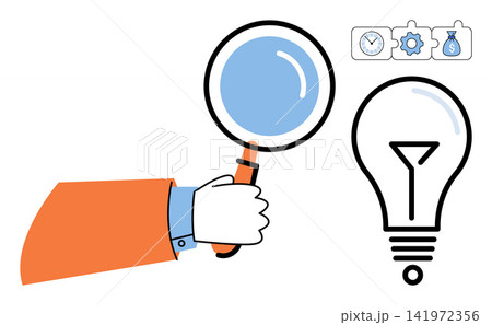 Hand holding a magnifying glass examining a light bulb vector illustration. Innovation, business strategy, problem solving, creative thinking, research, development. Person inspecting lamp Hand holding a magnifying glass examining a light bulb vector illustration. Innovation, business strategy, problem solving, creative thinking, research, development. Person inspecting lamp 141972356