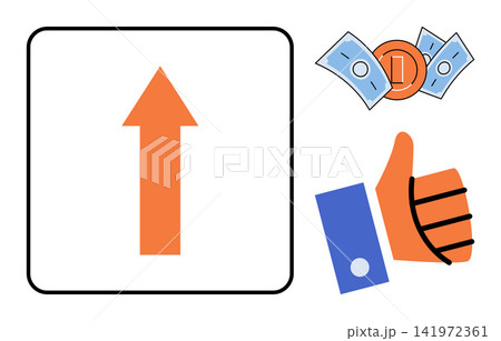 Upward arrow with money and thumbs up gesture vector illustration. Financial success, profit growth, positive feedback, investment, marketing strategy, business achievement. Rising sign with cash Upward arrow with money and thumbs up gesture vector illustration. Financial success, profit growth, positive feedback, investment, marketing strategy, business achievement. Rising sign with cash 141972361