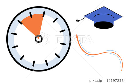 Clock with highlighted segment and graduation cap vector illustration. Education, deadline, planning, study, achievement, goal setting. Timer with mortarboard and upward arrow graphic Clock with highlighted segment and graduation cap vector illustration. Education, deadline, planning, study, achievement, goal setting. Timer with mortarboard and upward arrow graphic 141972384