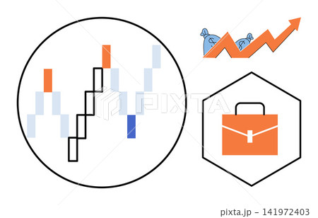 Financial growth and business strategy icons vector illustration. Investment, profit, market analysis, corporate success, economic development, portfolio management. Money bags and briefcase Financial growth and business strategy icons vector illustration. Investment, profit, market analysis, corporate success, economic development, portfolio management. Money bags and briefcase 141972403