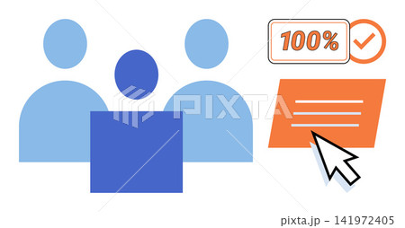 Group of people with a completed task icon and cursor vector illustration. Productivity, project management, goal achievement, teamwork, success, digital workflow. Business team with finished work Group of people with a completed task icon and cursor vector illustration. Productivity, project management, goal achievement, teamwork, success, digital workflow. Business team with finished work 141972405