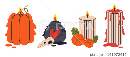 Halloween candle collection. Pumpkin candle, bird skull and spooky decorations arranged for Halloween flat vector illustration set. Autumn holiday elements isolated on white background 141972415