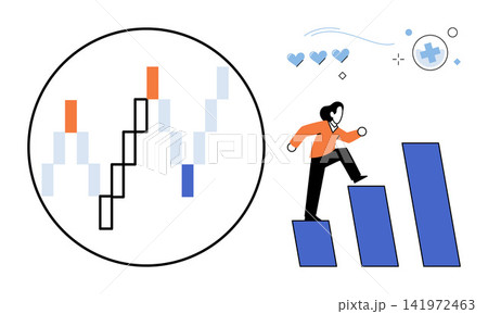Person climbing bar chart steps next to a financial data analysis circle vector illustration. Career development, professional growth, success, investment, strategy, market trends. Employee ascending Person climbing bar chart steps next to a financial data analysis circle vector illustration. Career development, professional growth, success, investment, strategy, market trends. Employee ascending 141972463