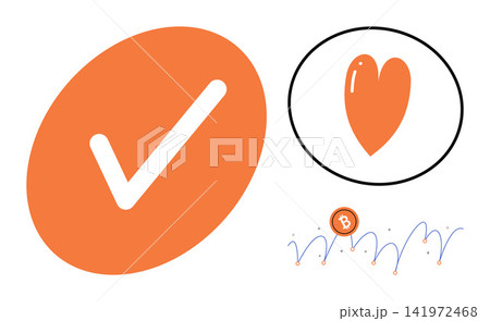 Checkmark symbol, heart icon, and bitcoin price chart vector illustration. Finance, cryptocurrency, trading, success, love, validation. Tick mark, love shape crypto graph market trend Checkmark symbol, heart icon, and bitcoin price chart vector illustration. Finance, cryptocurrency, trading, success, love, validation. Tick mark, love shape crypto graph market trend 141972468