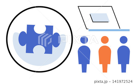 People standing near a laptop and a puzzle piece vector illustration. Teamwork, problem solving, business strategy, corporate collaboration, digital solutions, project management. Employees working People standing near a laptop and a puzzle piece vector illustration. Teamwork, problem solving, business strategy, corporate collaboration, digital solutions, project management. Employees working 141972524
