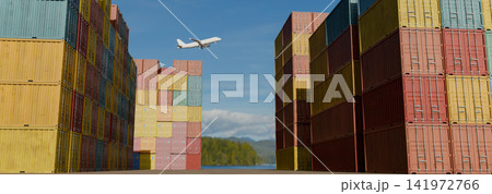 3D Illustration of Cargo Containers Stacked at Port with Airplane Flying Overhead in Blue Sky 3D Illustration of Cargo Containers Stacked at Port with Airplane Flying Overhead in Blue Sky 141972766