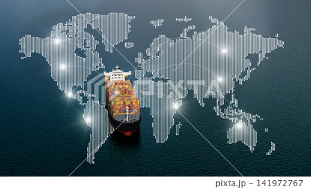 3D Illustration Aerial View Container Ship on Ocean with Global Shipping Route World Map Network 3D Illustration Aerial View Container Ship on Ocean with Global Shipping Route World Map Network 141972767