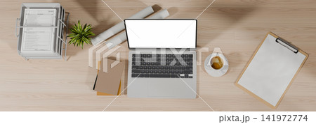 3D Illustrations Office Desk Flatlay with Laptop Blank Screen, Blueprint Rolls, Coffee, Clipboard and Plant on Wood 141972774